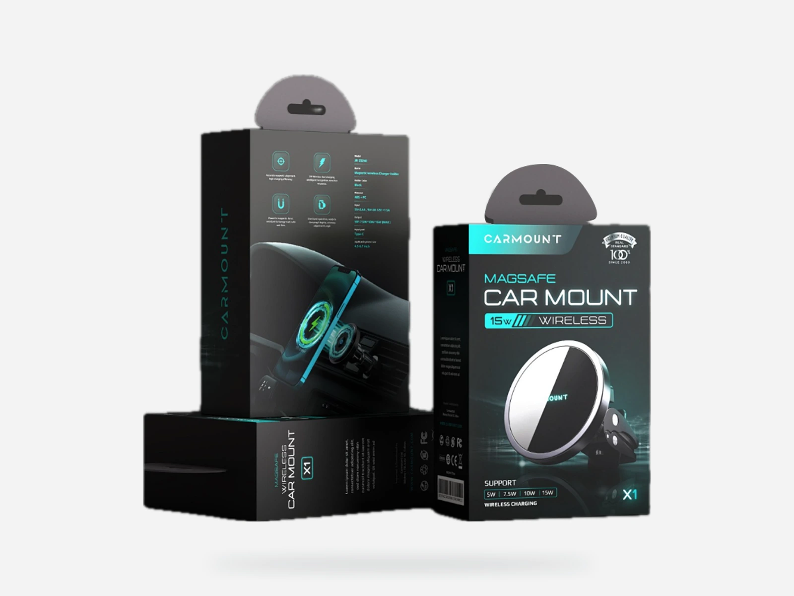 Car accessory retail cartons with hanging tabs
