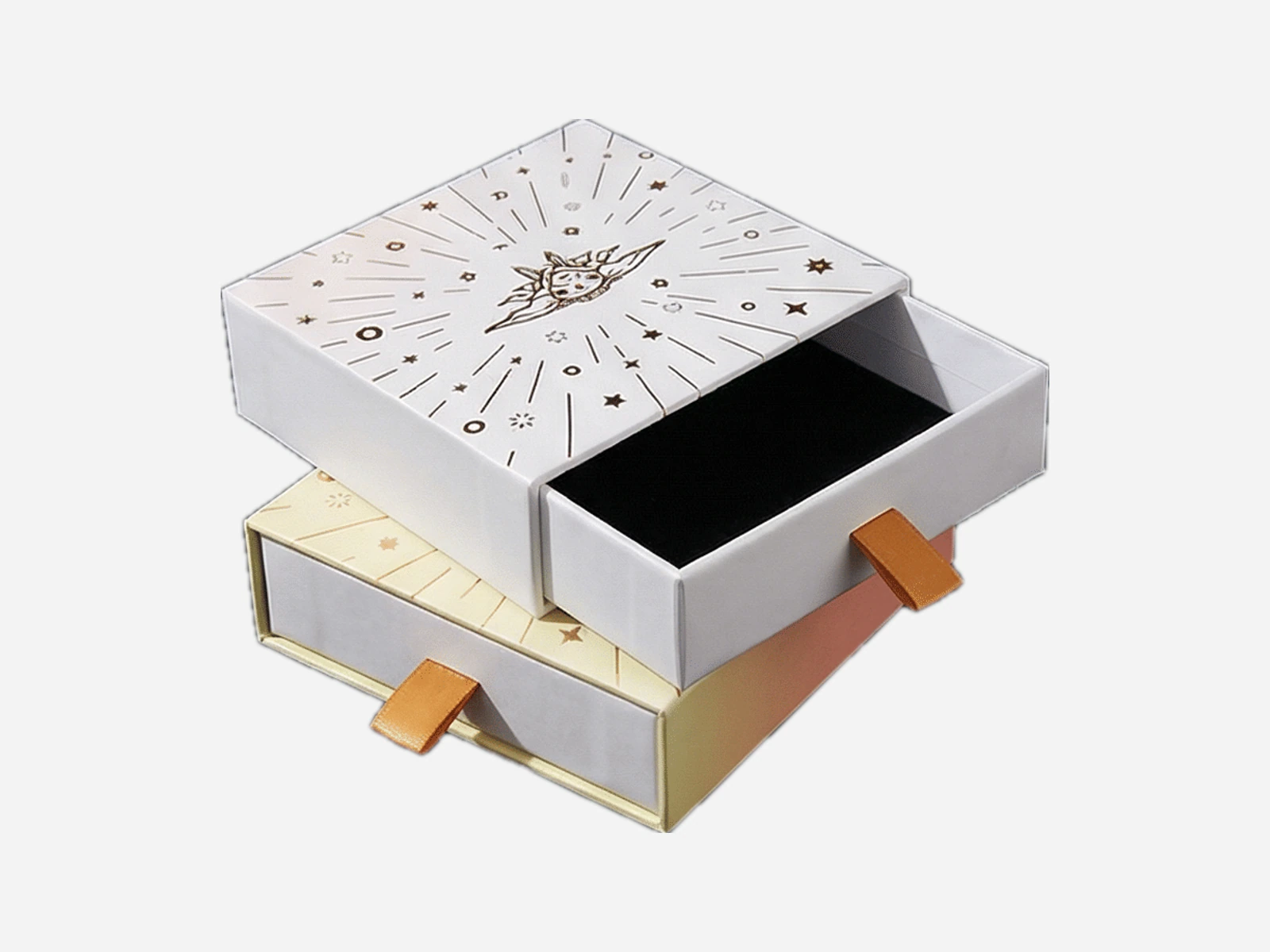 Printed sliding drawer gift boxes with ribbon pulls