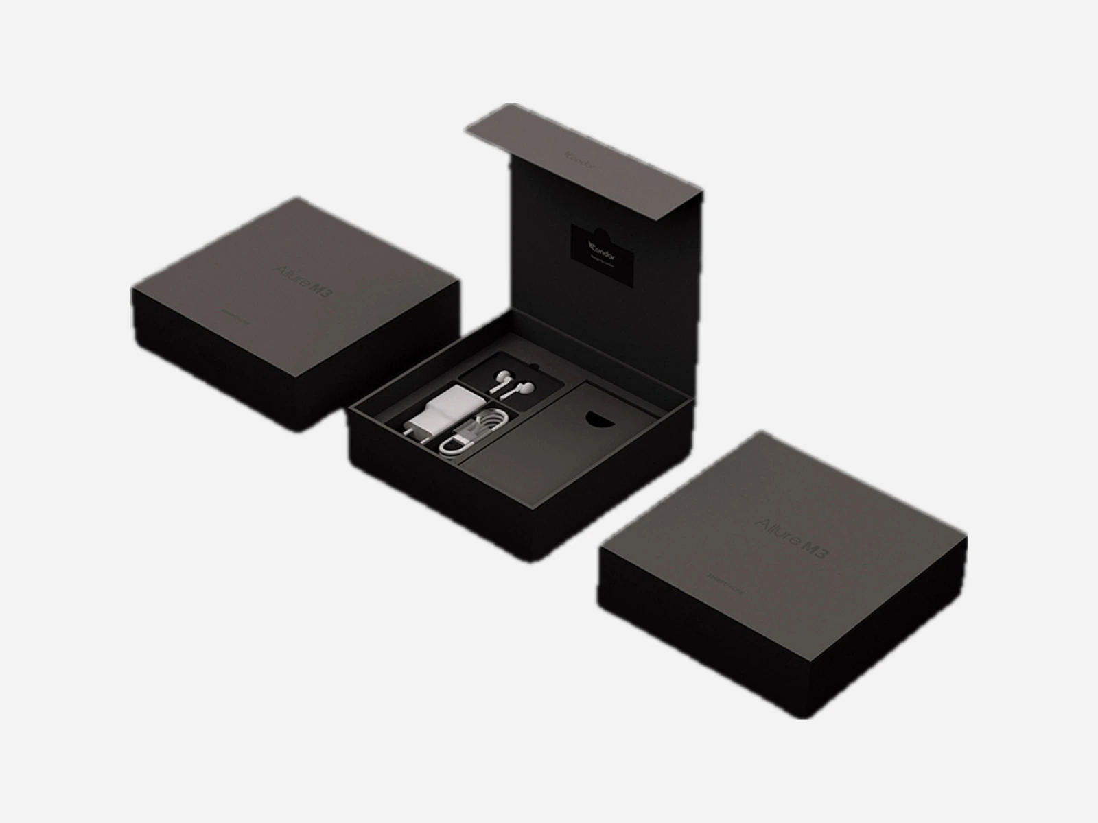 Electronics presentation boxes with fitted accessory inserts